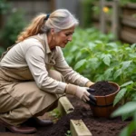 Femme jardinière épandant du compost naturel sur un potager surélevé planté de tomates au printemps