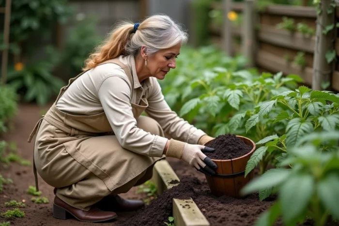 Femme jardinière épandant du compost naturel sur un potager surélevé planté de tomates au printemps