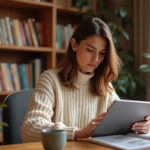 Femme lisant un magazine numérique sur tablette dans un bureau à domicile moderne et chaleureux