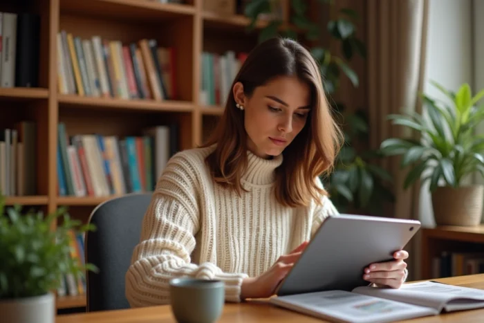 Femme lisant un magazine numérique sur tablette dans un bureau à domicile moderne et chaleureux