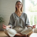 Femme méditant en position assise sur un plancher en bois dans un intérieur minimaliste, les yeux fermés et l'esprit apaisé