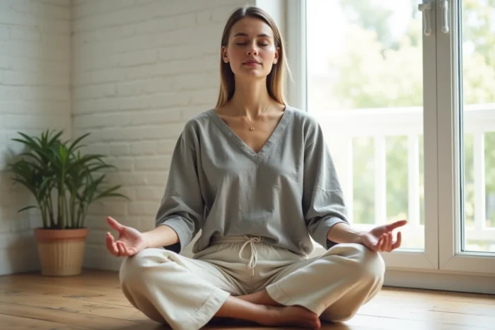 Femme méditant en position assise sur un plancher en bois dans un intérieur minimaliste, les yeux fermés et l'esprit apaisé