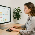 Femme naviguant sur un plan de site web depuis son bureau professionnel