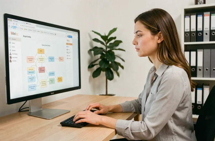 Femme naviguant sur un plan de site web depuis son bureau professionnel