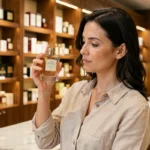 Femme examinant un flacon de parfum dans une parfumerie de luxe française aux étagères garnies de nombreuses fragrances