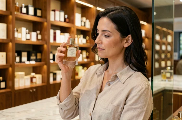 Femme examinant un flacon de parfum dans une parfumerie de luxe française aux étagères garnies de nombreuses fragrances