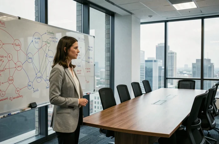 Femme présentant un schéma de réseau social sur un tableau blanc dans une salle de réunion moderne