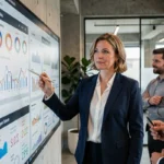 Femme professionnelle présentant des solutions médias innovantes sur un écran interactif dans une agence de communication moderne