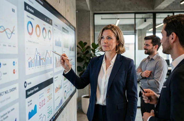 Femme professionnelle présentant des solutions médias innovantes sur un écran interactif dans une agence de communication moderne