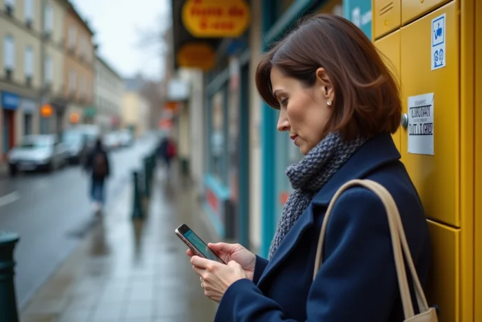 Femme cherchant un casier Vinted Go alternatif sur son smartphone devant un point relais hors service