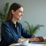 Femme cherchant un emploi en ligne sur son ordinateur portable dans un bureau à domicile moderne