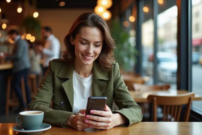 Femme d'affaires recherchant un emploi adapté à son profil sur smartphone dans un café urbain
