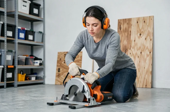 Femme ajustant le réglage d'inclinaison de la scie circulaire Tacklife 2000W dans un atelier garage moderne