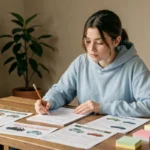 Jeune femme révisant les 100 questions du code de la route avec des fiches de mémorisation sur un bureau en bois