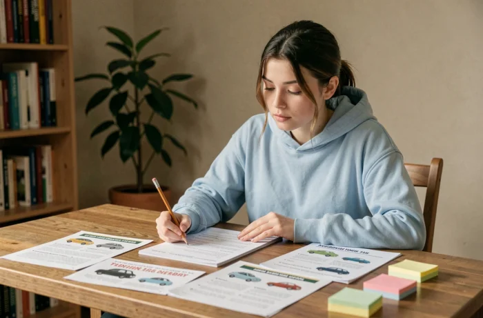 Jeune femme révisant les 100 questions du code de la route avec des fiches de mémorisation sur un bureau en bois
