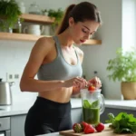 Femme préparant un smoothie minceur aux légumes verts dans une cuisine moderne