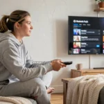 Jeune femme regardant une plateforme de streaming sur sa télévision dans un salon cosy
