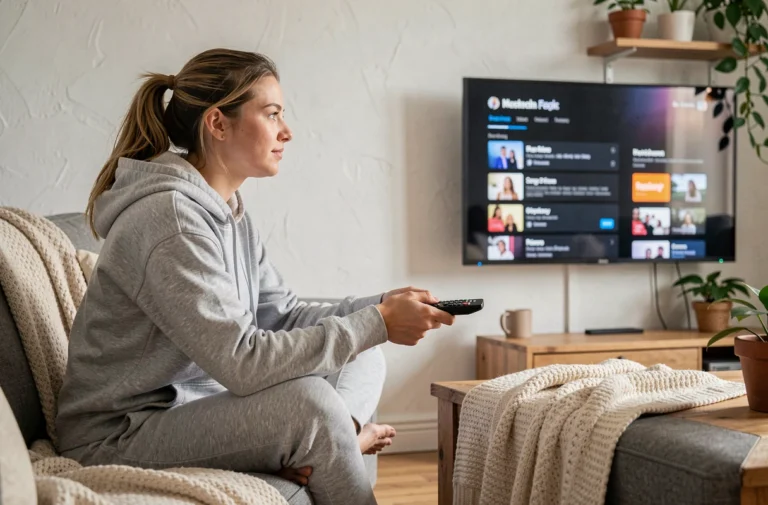 Jeune femme regardant une plateforme de streaming sur sa télévision dans un salon cosy
