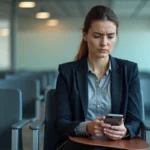 Femme stressée en salle d'attente France Travail consultant son téléphone avant un rendez-vous conseil