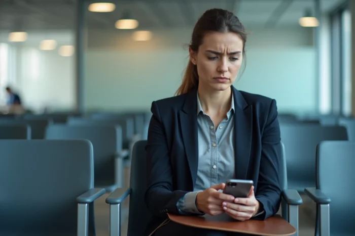 Femme stressée en salle d'attente France Travail consultant son téléphone avant un rendez-vous conseil