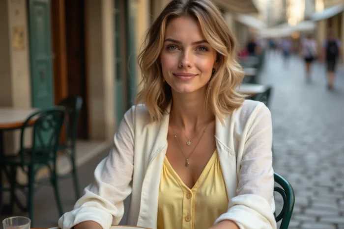 Jeune femme en robe jaune pâle et surchemise en lin ivoire à la terrasse d'un café, exemple de superposition de vêtements clairs pour se protéger du soleil avec style
