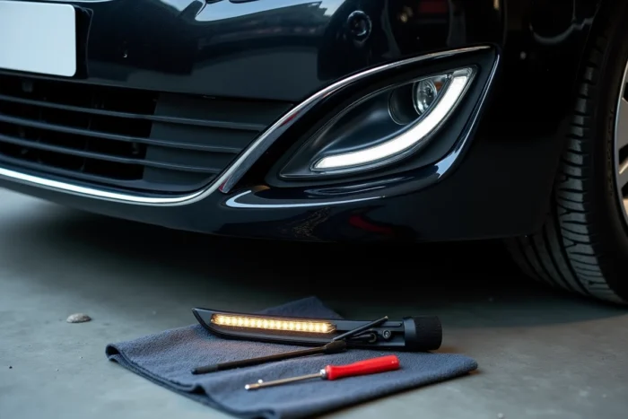 Feu diurne LED Peugeot 308 démonté avec pièce de remplacement et outils sur le sol