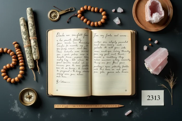 Composition flat-lay ésotérique avec journal numérologigue, symboles spirituels et le nombre 2313, illustrant la signification des heures miroirs
