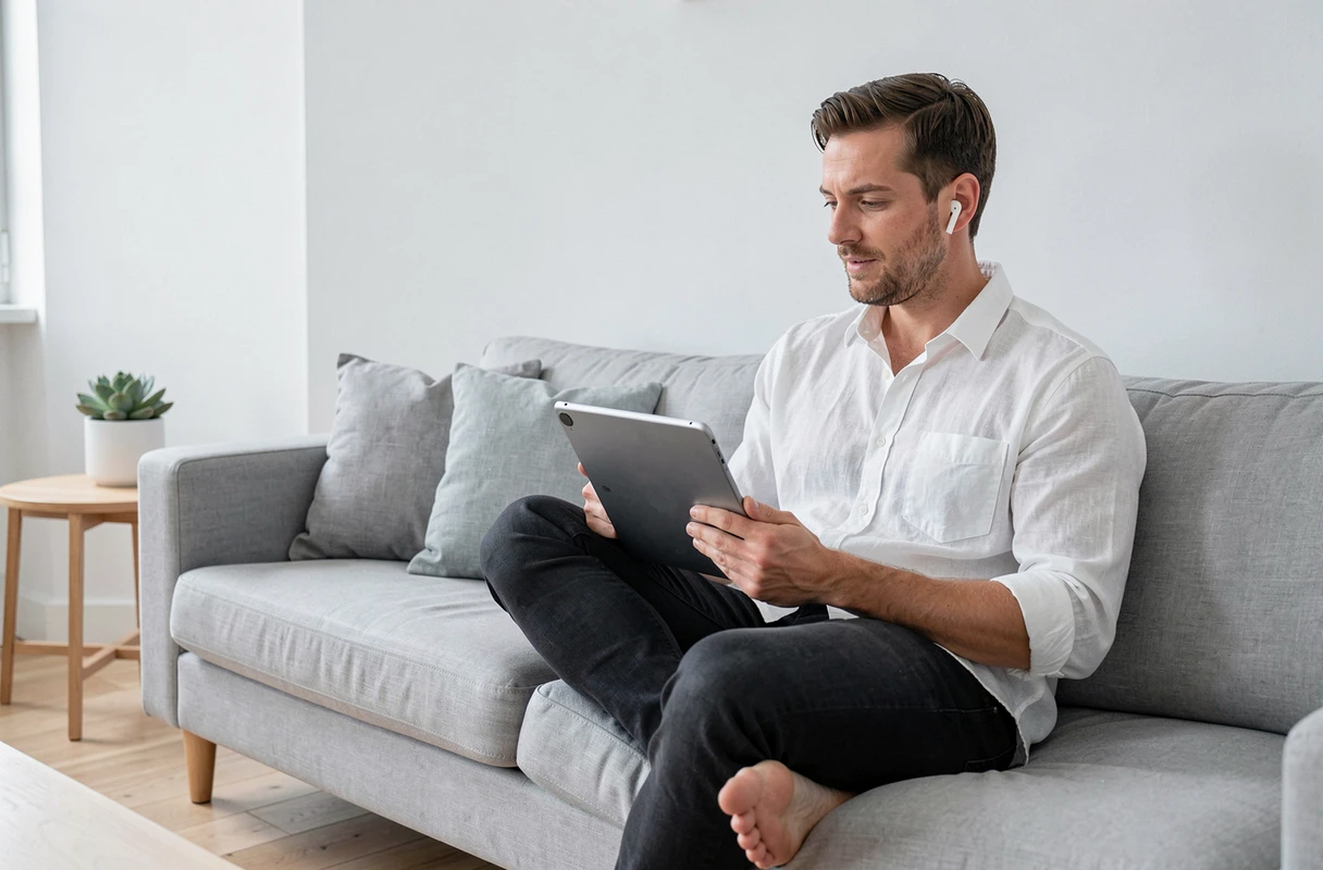 Homme adulte suivant une formation en ligne sur tablette depuis son salon dans une ambiance épurée et moderne