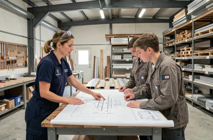 Formatrice expliquant des plans techniques à des apprentis dans un centre de formation aux métiers du bâtiment