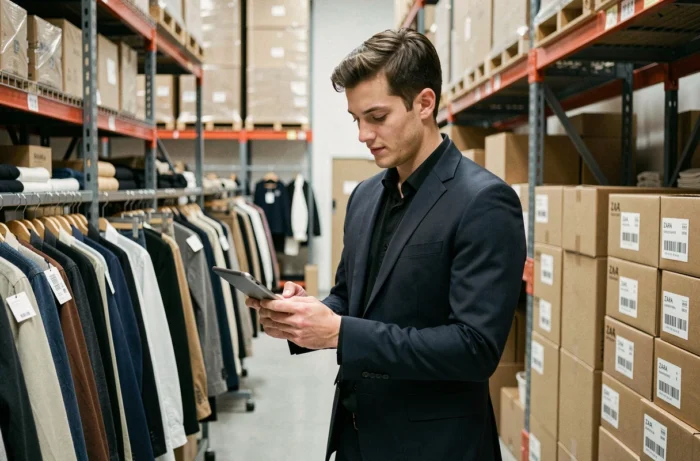 Responsable de magasin Zara consultant une tablette dans l'espace logistique d'une enseigne de fast-fashion