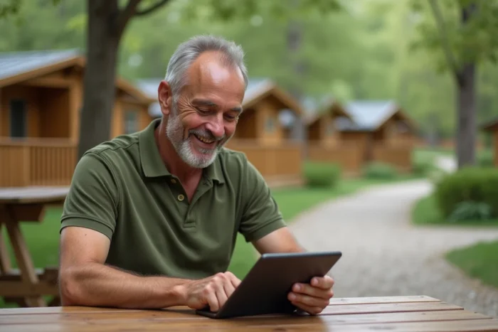 Homme gérant ses services de camping en ligne sur une tablette depuis un village de vacances Siblu