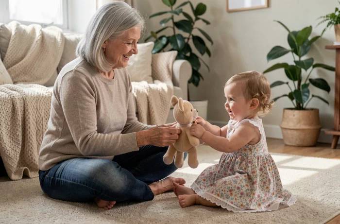 Grand-mère offrant un jouet sensoriel en peluche à une petite fille d'un an dans un salon familial chaleureux