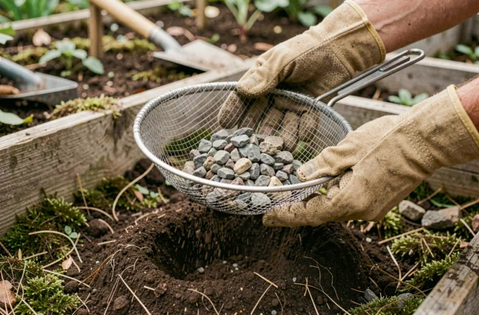 Gros plan sur des mains gantées utilisant un tamis à mailles pour séparer les cailloux de la terre de jardin