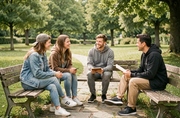 Groupe de jeunes adultes en discussion avec un mentor dans un parc au Luxembourg