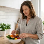 Femme préparant un bol de légumes et fruits frais dans une cuisine moderne, illustrant les habitudes alimentaires saines recommandées par Pharmavia