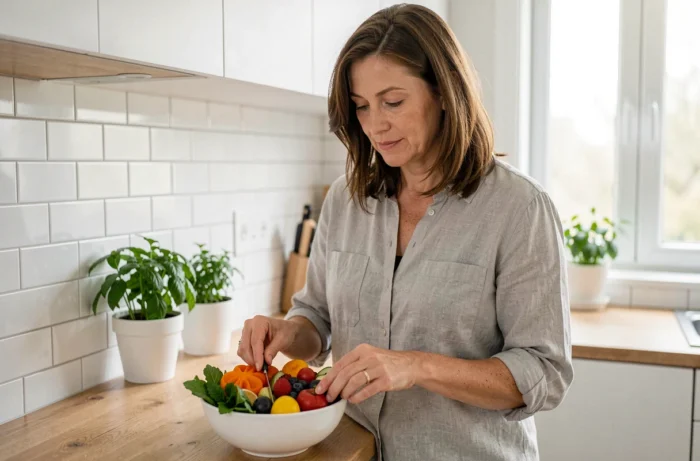 Femme préparant un bol de légumes et fruits frais dans une cuisine moderne, illustrant les habitudes alimentaires saines recommandées par Pharmavia