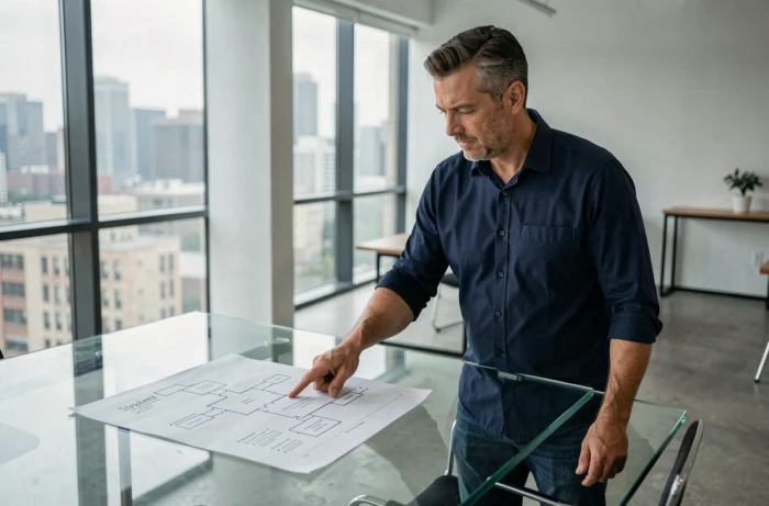 Homme analysant un plan de site imprimé sur une table de réunion moderne