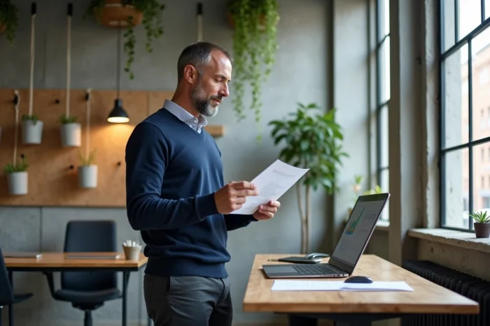 Homme travaillant debout à un bureau ergonomique réglable dans un bureau moderne avec plantes suspendues et murs en béton