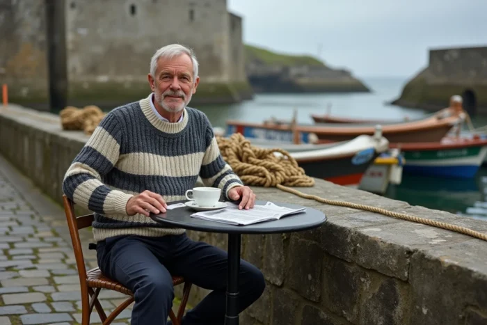 Homme en pull marin breton assis à une terrasse de café sur un quai en granit d'un port de pêche breton