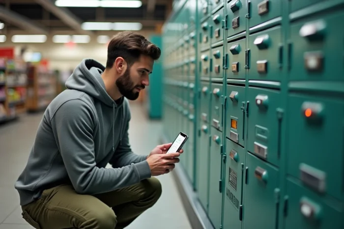 Homme consultant son téléphone devant des casiers Vinted Go complets dans un supermarché