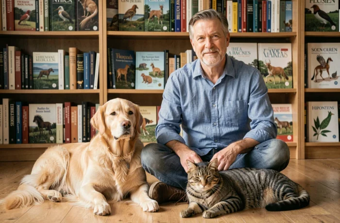 Homme passionné d'animaux assis avec un golden retriever et un chat tigré dans une bibliothèque naturaliste