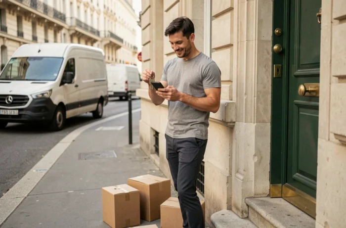 Homme tenant des clés et consultant son téléphone devant la porte de son nouveau logement avec un camion de déménagement en arrière-plan