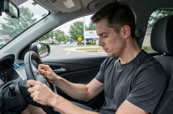 Homme étudiant les questions du permis de conduire assis dans une voiture d'auto-école