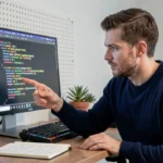 Homme en pull marine qui inspecte du code HTML sur un grand écran d'ordinateur dans un bureau à domicile moderne
