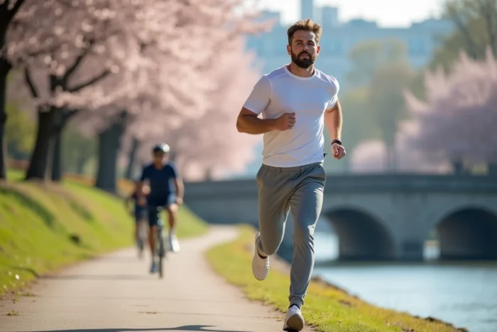 Homme faisant du jogging en plein air au bord d'une rivière au printemps pour perdre du poids