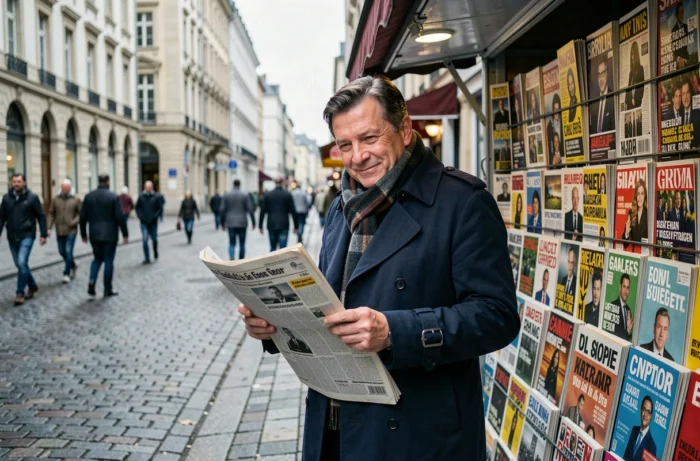 Homme lisant un journal devant un kiosque à journaux en ville, symbolisant l'accès à l'actualité quotidienne et insolite
