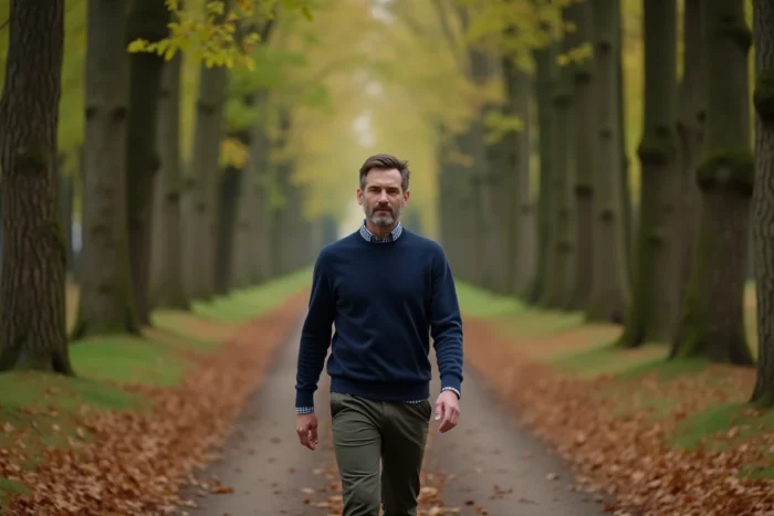 Homme marchant paisiblement sur un sentier forestier en automne, pratiquant la pleine conscience pour calmer ses pensées