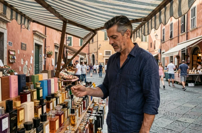 Homme parcourant des parfums sur un marché en plein air dans une place italienne aux façades en pierre ocre