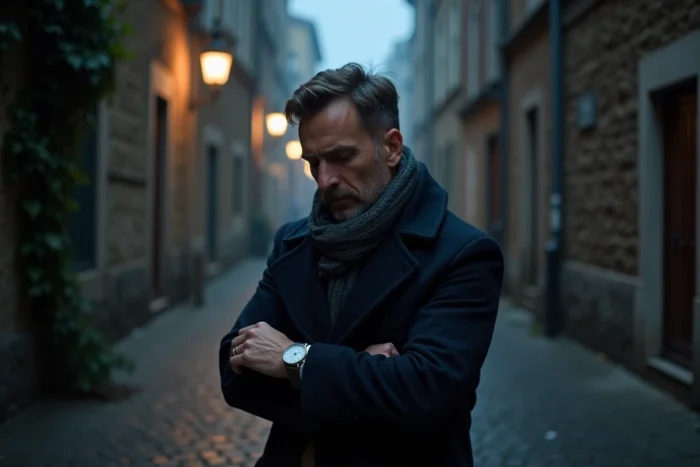 Homme regardant sa montre affichant 23h13 dans une ruelle pavée nocturne, évoquant la numérologie et la symbolique des heures miroirs