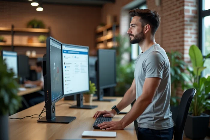 Jeune homme optimisant son profil professionnel en ligne dans un espace de coworking
